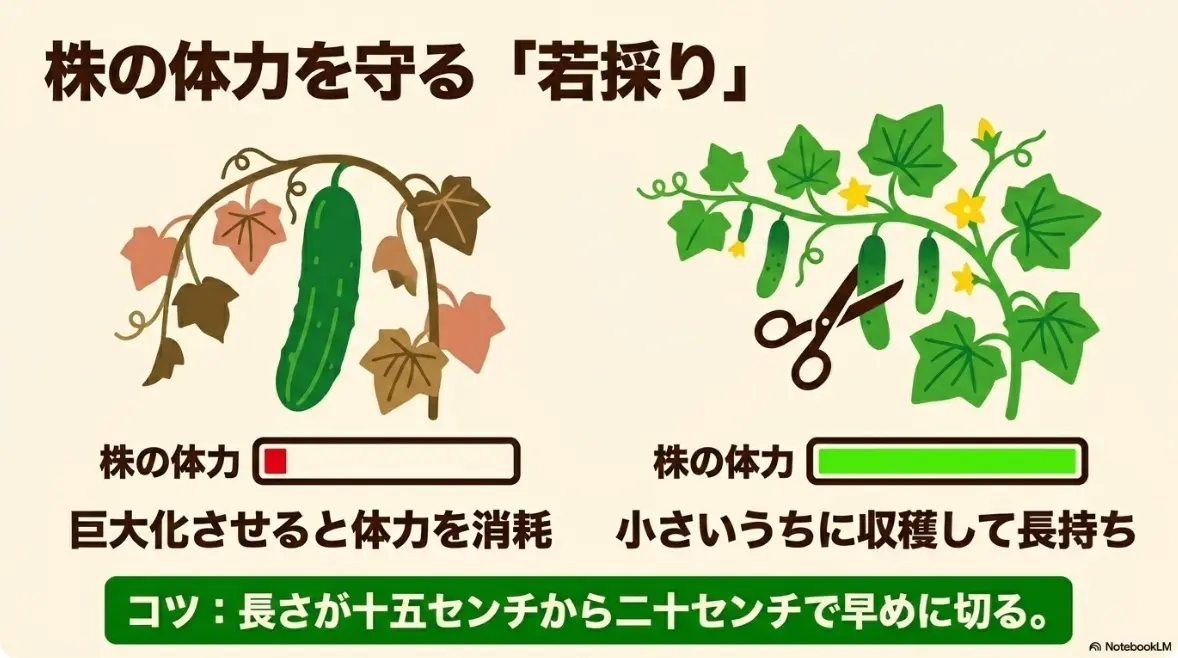 巨大化を防ぎ秋キュウリの株の体力を守る若採りのコツ