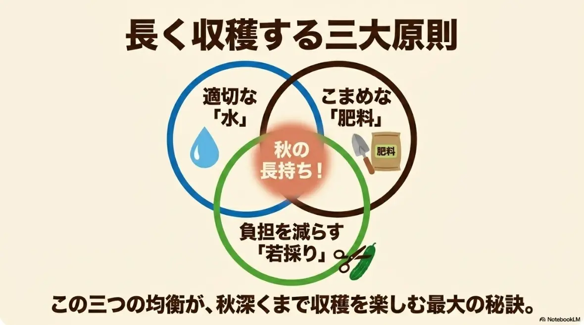 秋キュウリを長く収穫するための三大原則（水・肥料・若採り）