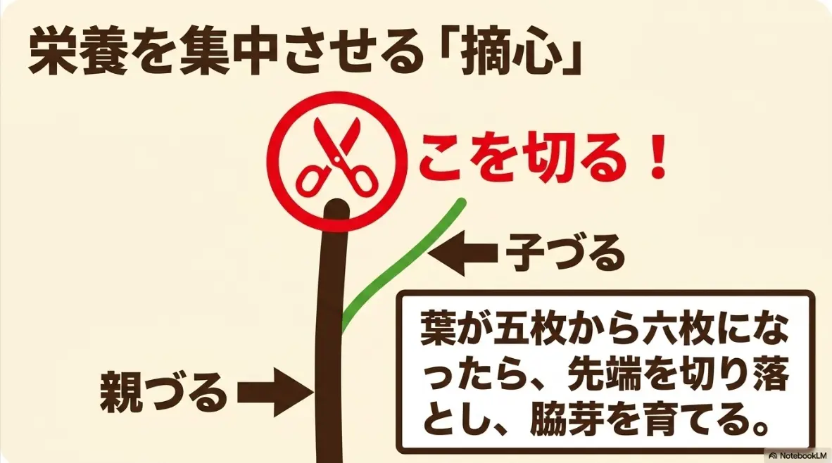 秋キュウリの栄養を実に集中させる親づると子づるの摘心方法