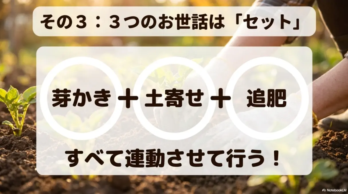 芽かき、土寄せ、追肥の3つのお世話を連動させて行う重要性