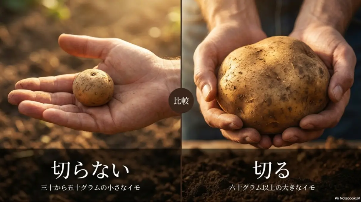 秋ジャガイモの種イモの大きさによる切る・切らないの比較