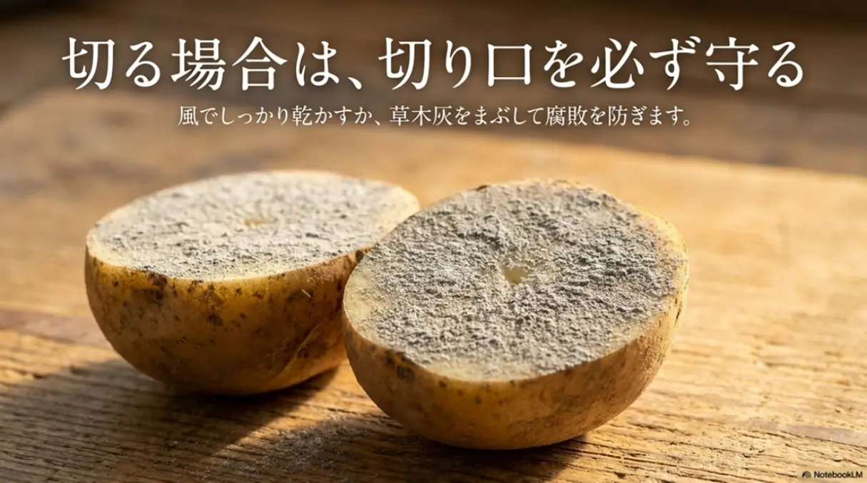 種イモを切る場合は風で乾かすか草木灰で腐敗を防ぐ