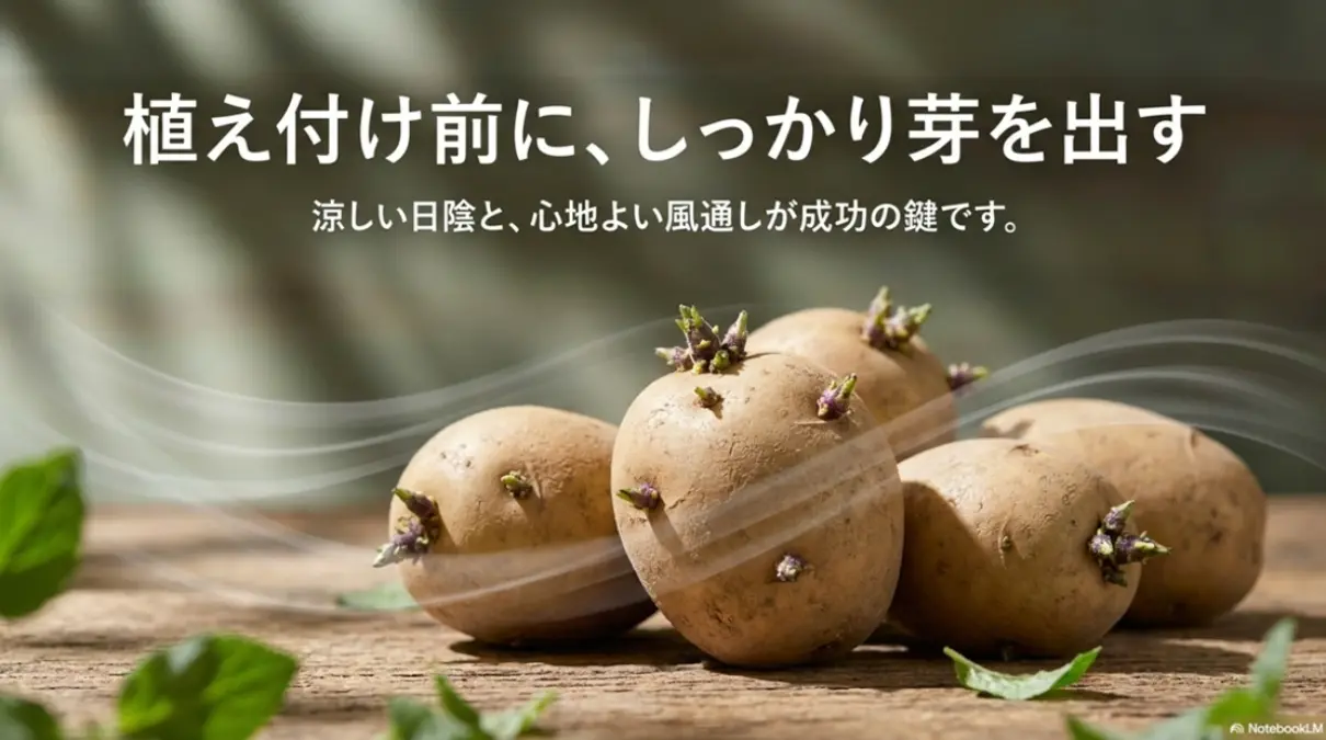 涼しい日陰と心地よい風通しが秋ジャガイモ芽出しの鍵