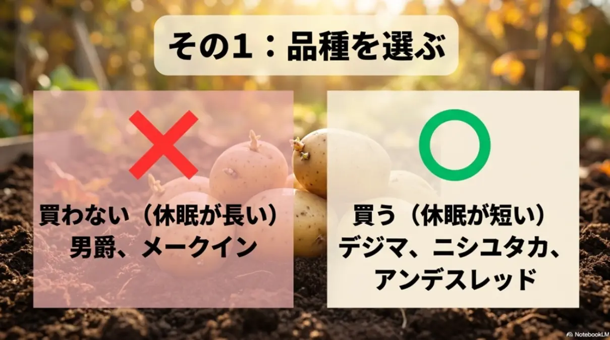 休眠が短いデジマやニシユタカなど秋作向けジャガイモ品種を選ぶポイント