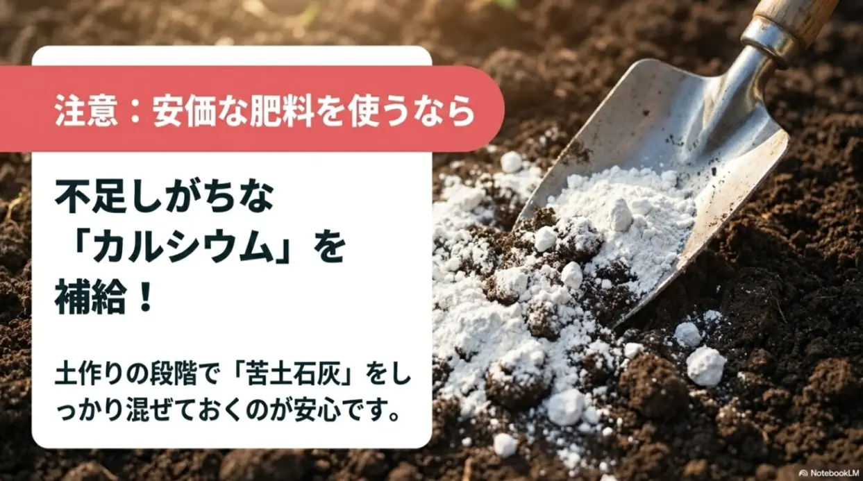 安価な肥料を使う場合は不足しがちなカルシウムを苦土石灰などで補給する