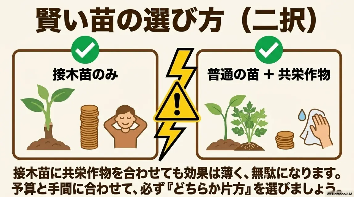 賢い苗の選び方は二択。接木苗のみ、または普通の苗と共栄作物の組み合わせ