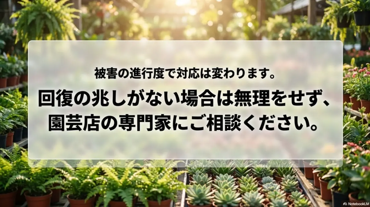 被害の進行度で対応は変わるため、回復の兆しがない場合は無理をせず専門家に相談する