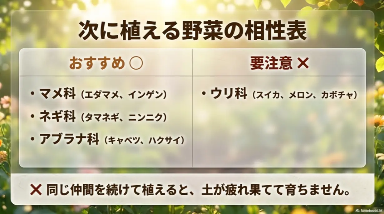 マメ科やネギ科はおすすめ、同じウリ科は要注意など、キュウリの後作における野菜の相性表