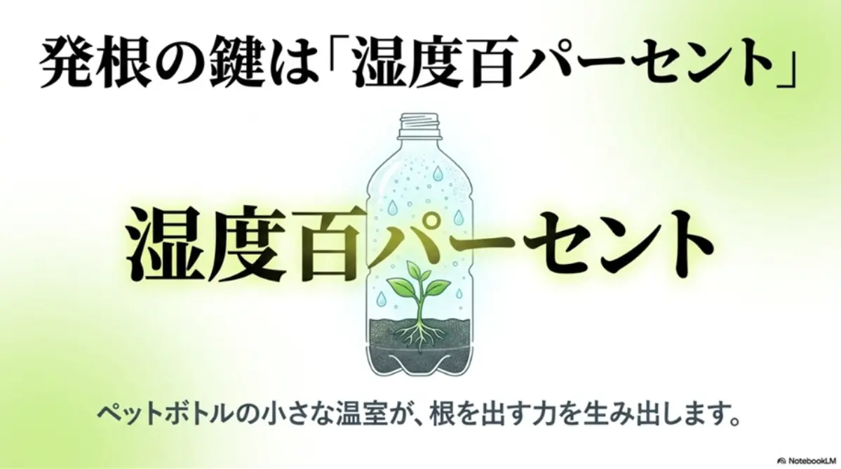 ペットボトル密閉挿しで湿度100%を維持し発根を促す仕組み