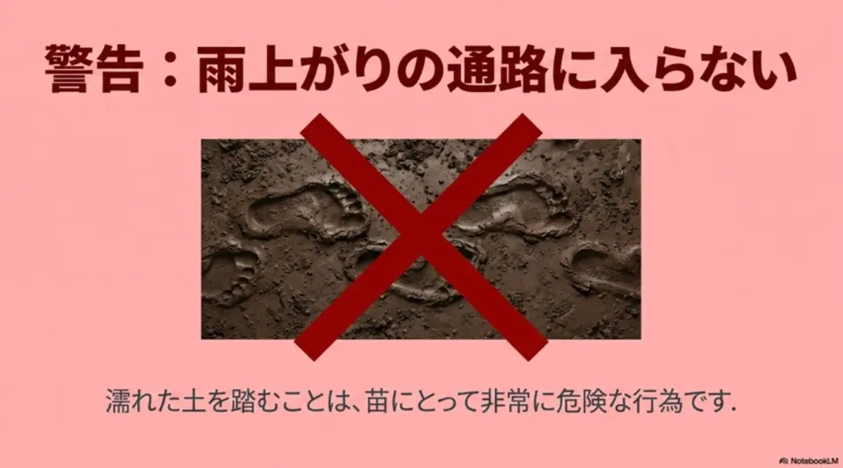 雨上がりの濡れた通路を踏まないための根への注意喚起
