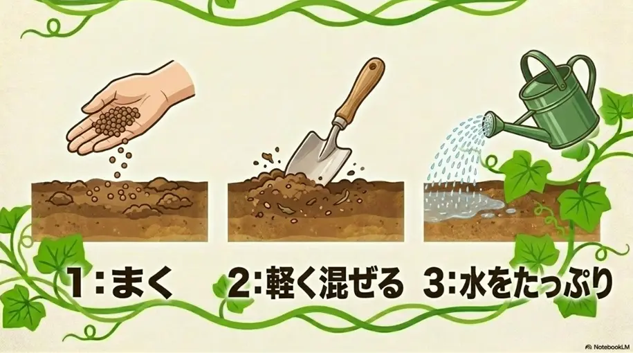 追肥の基本ステップとして肥料をまき、土と混ぜ、水をやる様子を示す図