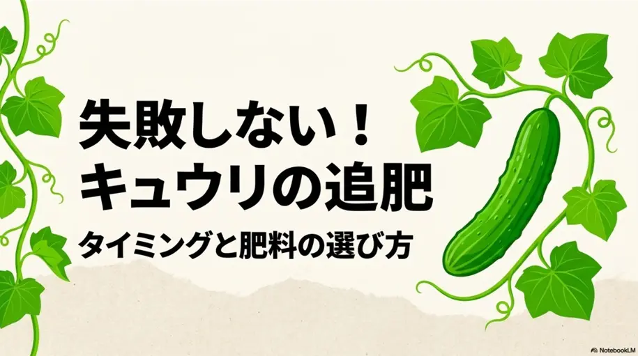 キュウリの追肥タイミングと肥料の選び方を紹介するスライドの表紙