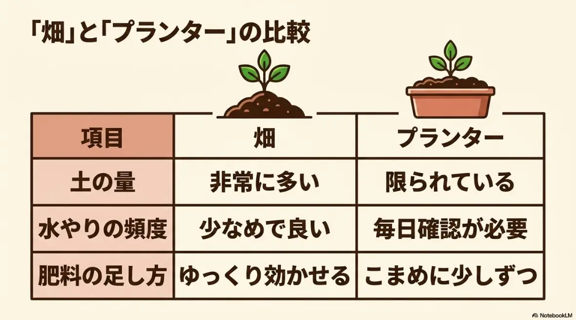 畑とプランターでの秋キュウリ栽培の環境比較表