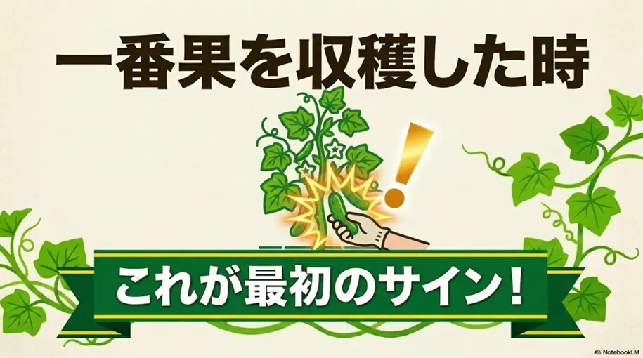 一番果が収穫できる大きさになったキュウリの株の様子