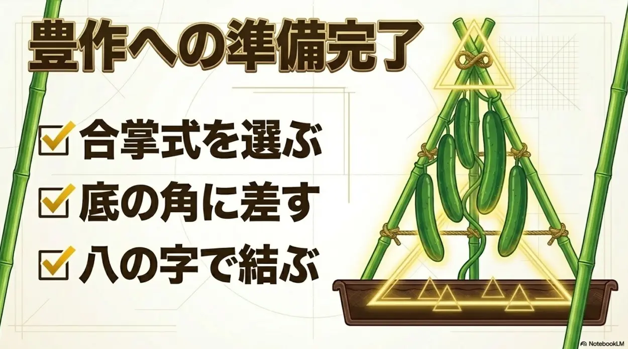 豊作への準備完了チェックリスト（合掌式を選ぶ、底の角に差す、八の字で結ぶ）