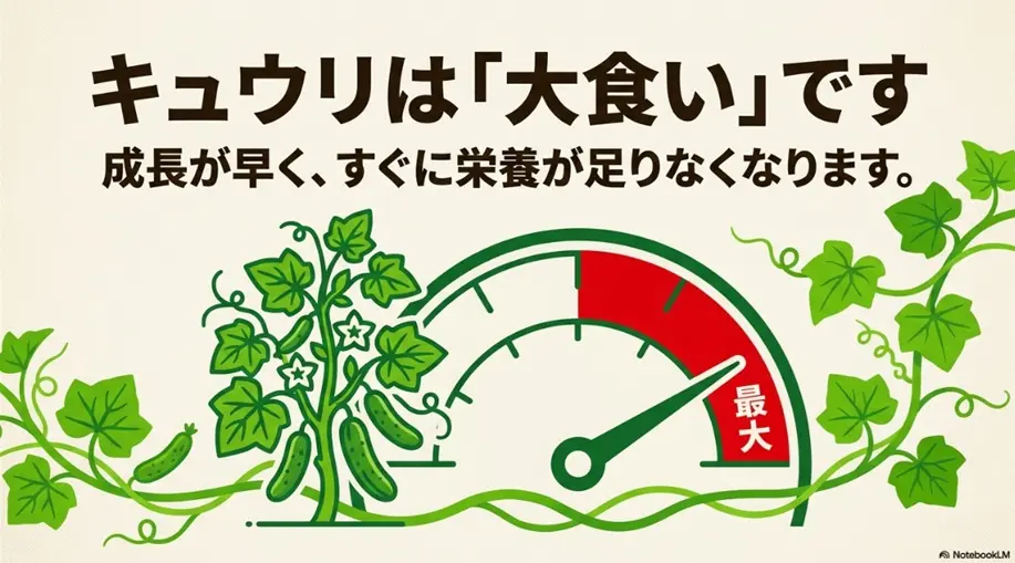 キュウリは肥料をたくさん必要とする大食い野菜であることを示す図