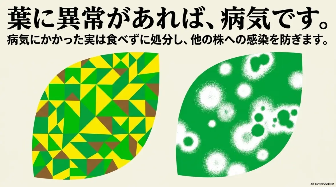 黄色い斑点や白いカビが生えたキュウリの葉のイラスト
