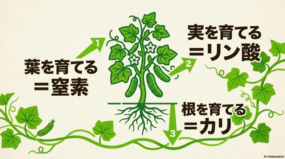 肥料の3大栄養素（窒素・リン酸・カリウム）が植物のどこに効くかを示した図