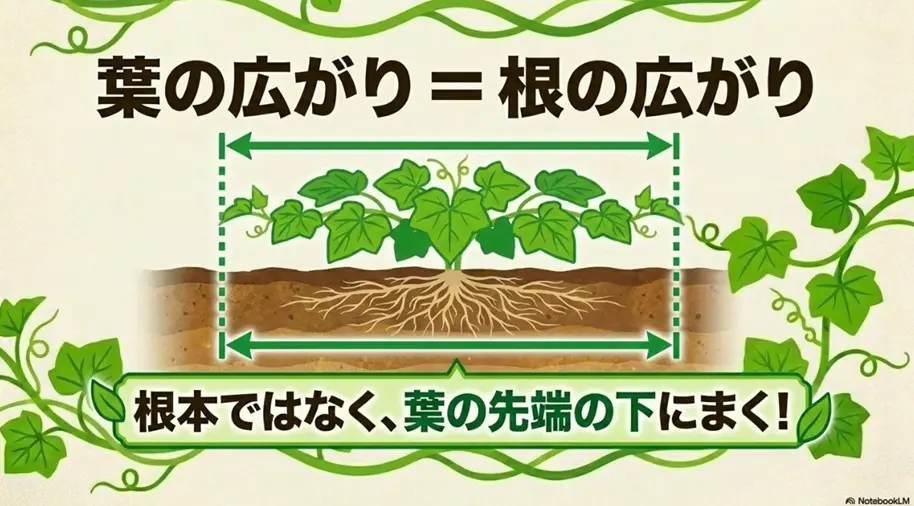 キュウリの葉の広がりの真下に根が伸びていることを示す図
