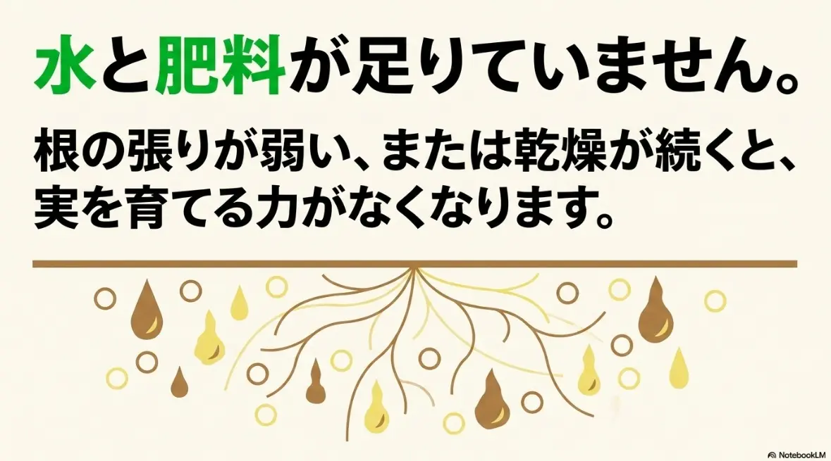 水と肥料が足りていない原因を説明するテキスト