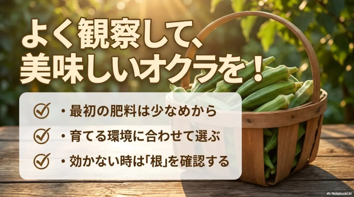 オクラの肥料管理のまとめ。最初の肥料は少なめから、環境に合わせて選び、効かない時は根を確認するという3つのポイント。