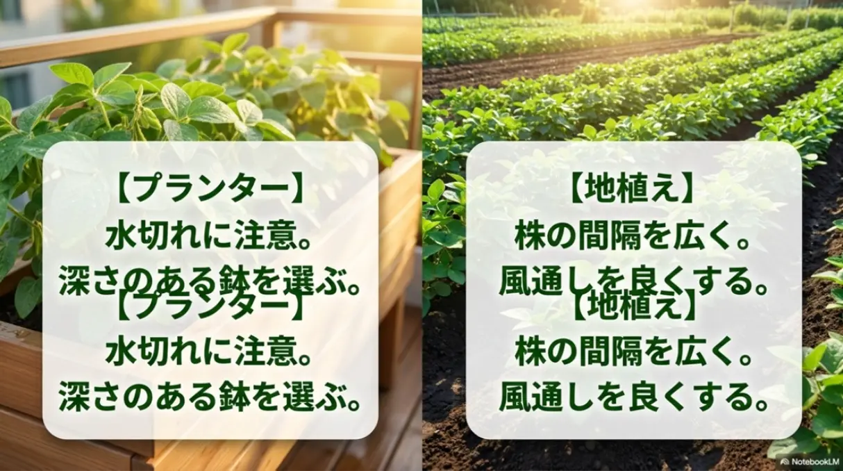 プランターの水切れ対策と地植えの株間・風通しについてのポイントをまとめたスライド