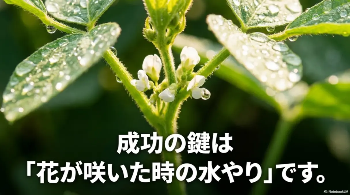 枝豆栽培の成功の鍵は花が咲いた時の水やりであることを伝えるスライド