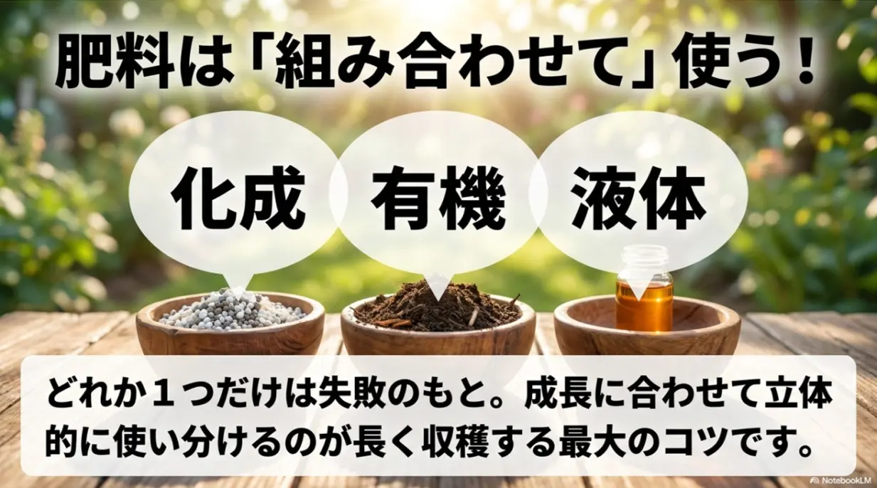 化成肥料、有機肥料、液体肥料を組み合わせて使うことが長く収穫する最大のコツであることを説明した図解