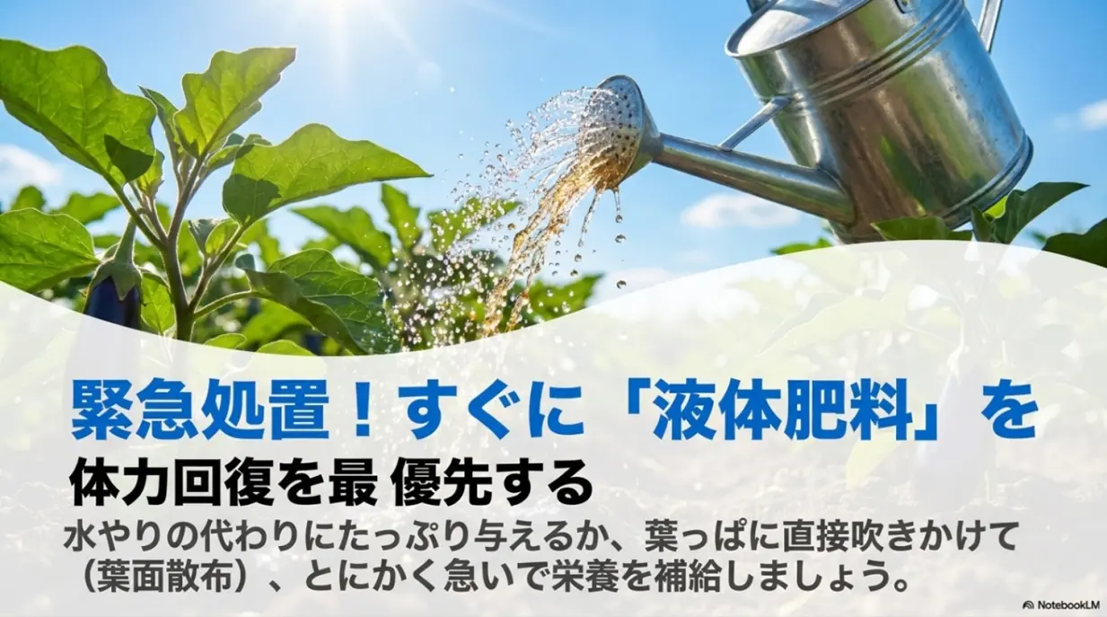 短花柱花を見つけた際はすぐに液体肥料を与えて体力回復を最優先にすべきという対処法のスライド