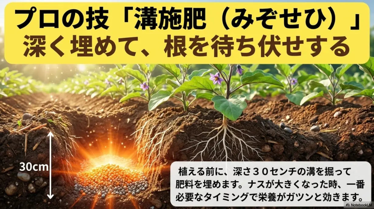 植え付け前に深さ30cmの溝を掘って肥料を埋めるプロの技「溝施肥（みぞせひ）」の解説スライド