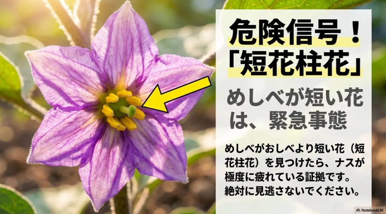 雌しべが短い短花柱花はナスが極度に疲れている緊急事態のサインであることを示す図解