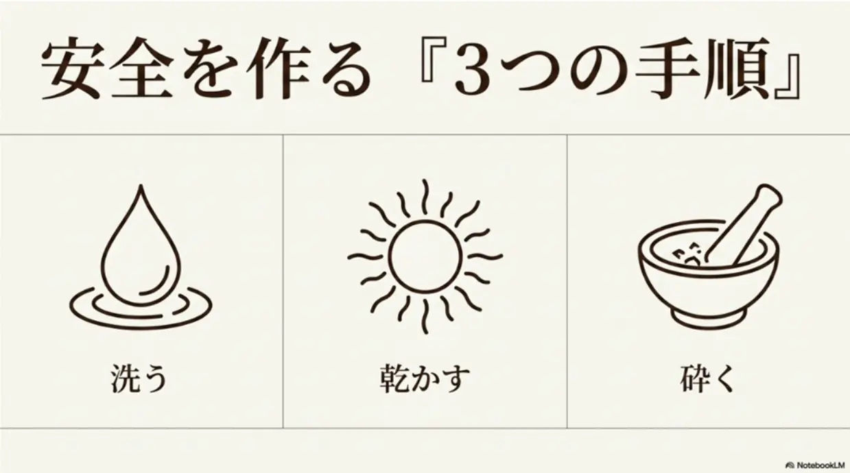 安全を作る3つの手順。洗う、乾かす、砕く。