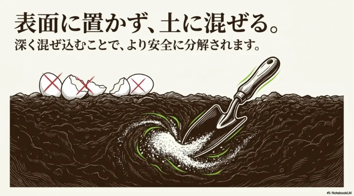 表面に置かず、土に混ぜる。深く混ぜ込むことで、より安全に分解されます。