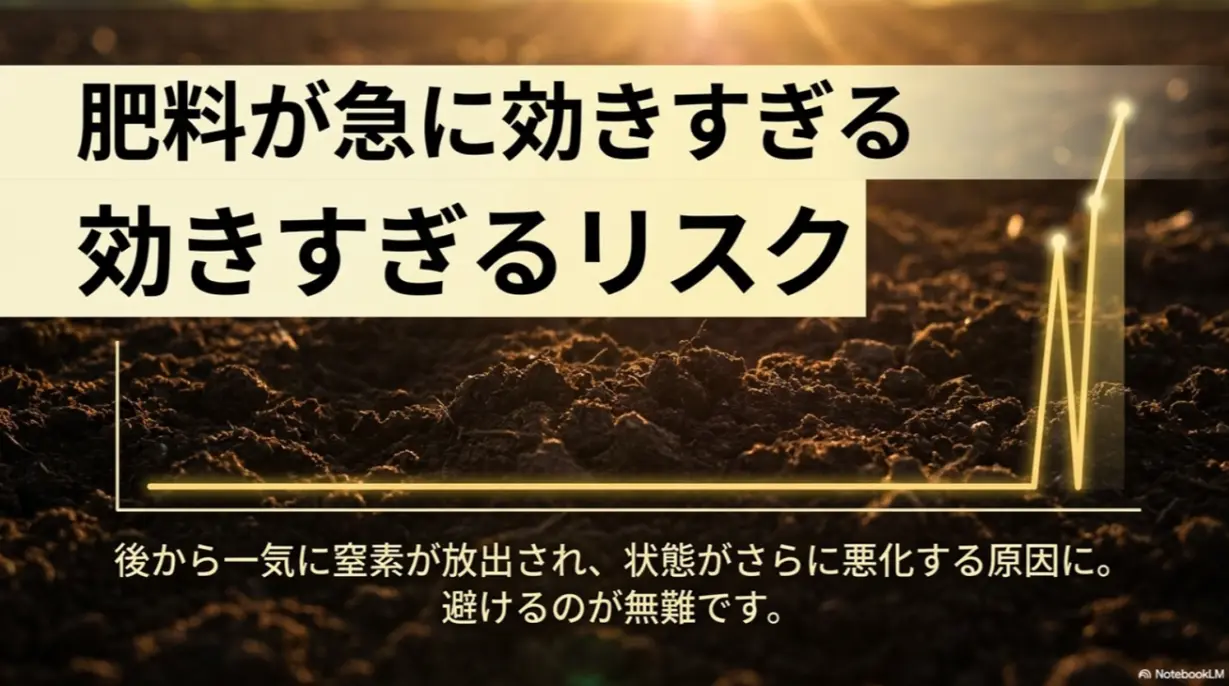 肥料が急に効きすぎるリスクについての解説。後から一気に窒素が放出され状態が悪化する原因になるため避けるのが無難。