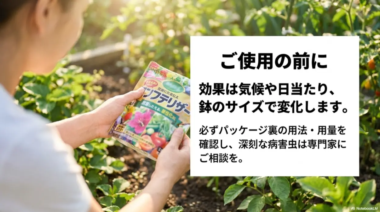 肥料の効果は気候や鉢のサイズで変化するため、必ず用法・用量を確認し専門家に相談する