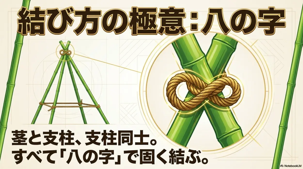 結び方の極意は八の字。茎と支柱、支柱同士をすべて八の字で固く結ぶ