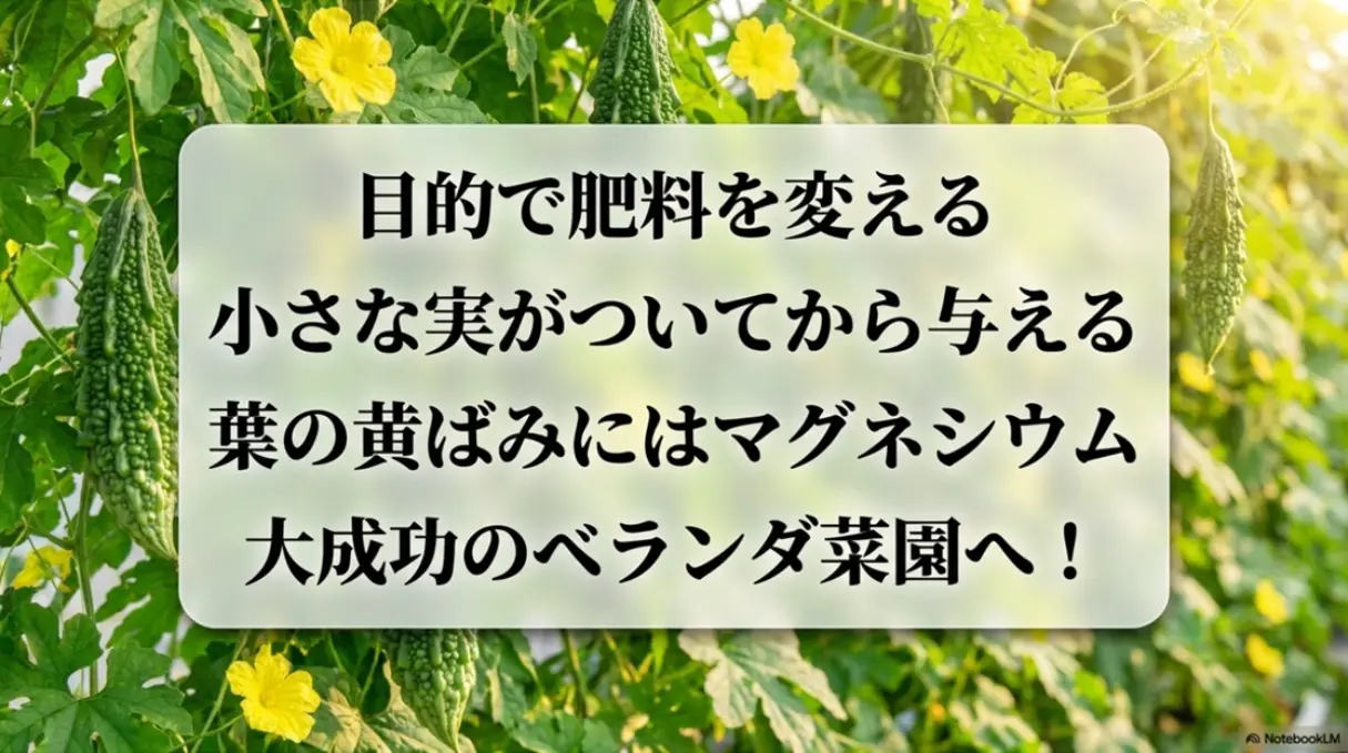 ゴーヤ栽培成功のポイント：目的で肥料を変える、小さな実がついてから与える、葉の黄ばみにはマグネシウム