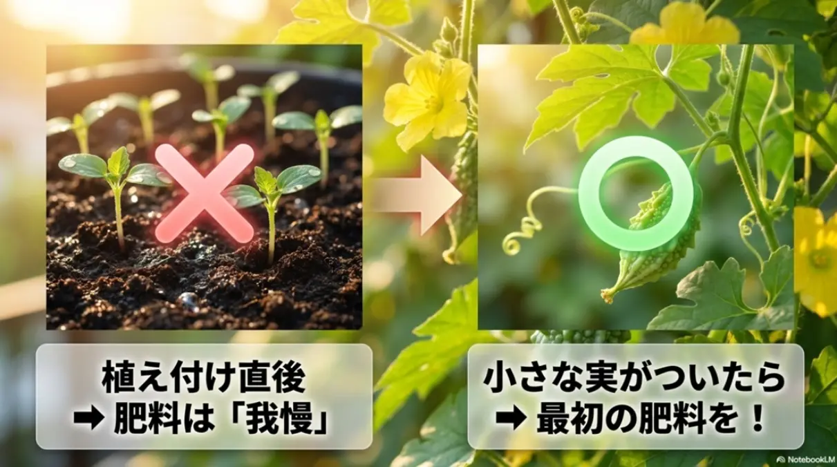 植え付け直後の肥料は我慢し、小さな実がついたら最初の肥料を与える