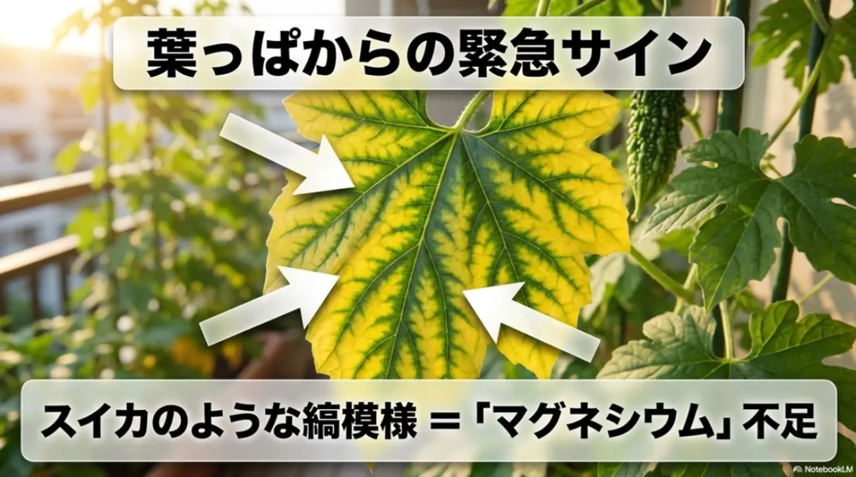 ゴーヤの葉脈が緑で残るスイカのような縞模様はマグネシウム不足のサイン