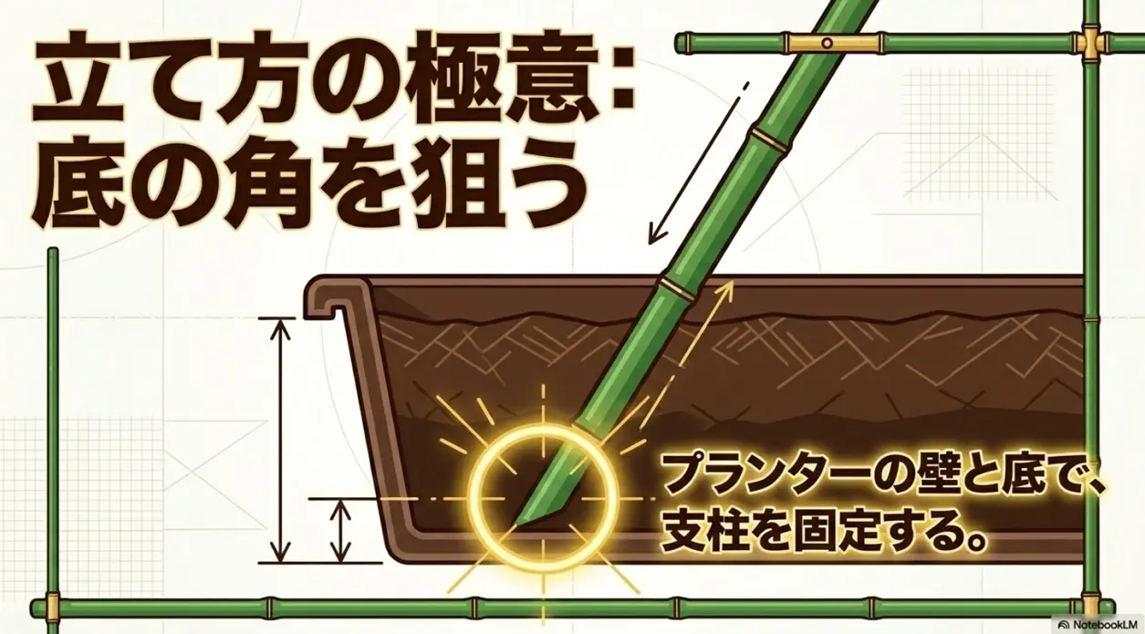 立て方の極意は底の角を狙うこと。プランターの壁と底で支柱を固定する