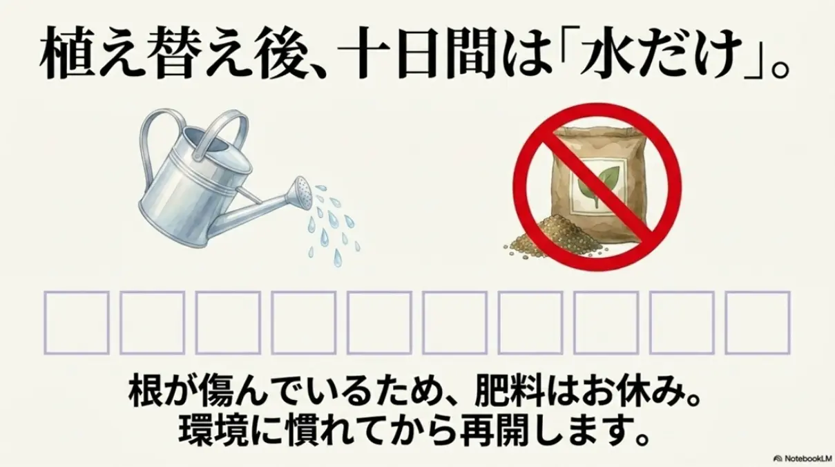 植え替え後、十日間は水だけ。根が傷んでいるため肥料はお休みし環境に慣れてから再開する