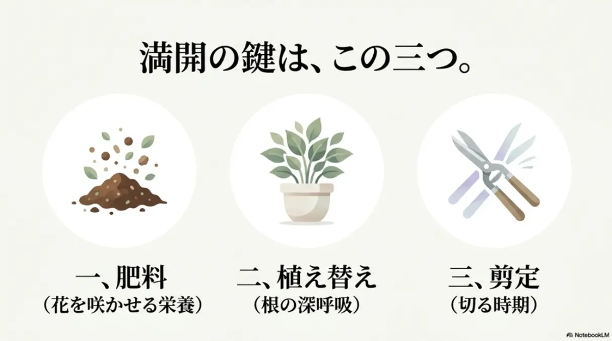 満開の鍵はこの三つ。肥料、植え替え、剪定