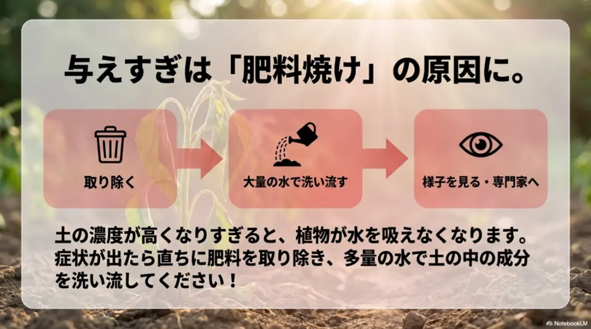 肥料の与えすぎによる肥料焼けの対処法。肥料を取り除き大量の水で洗い流す