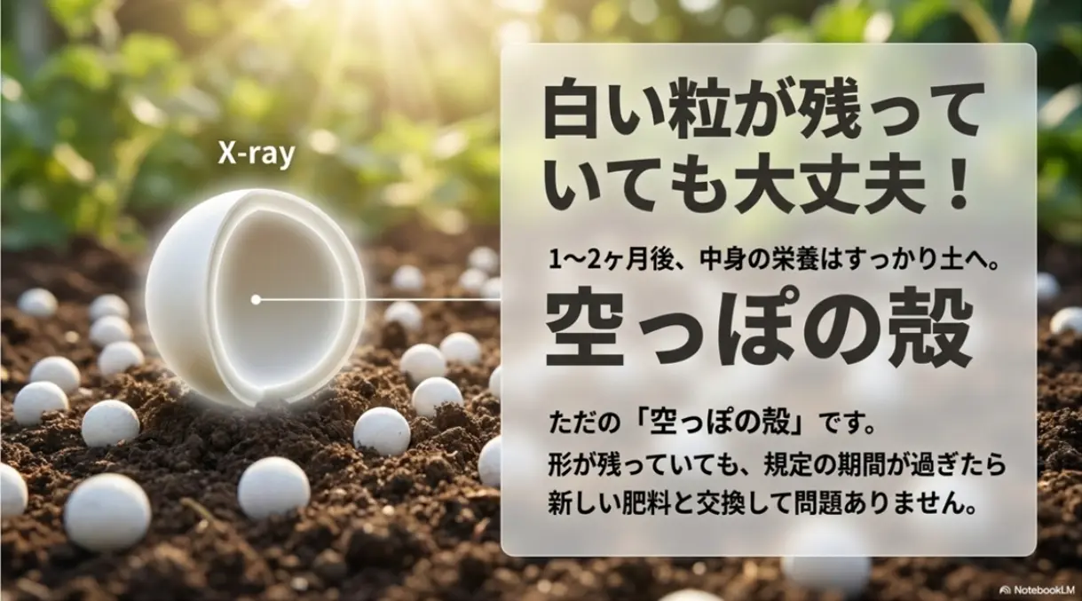 1〜2ヶ月後に残る白い粒は中身の栄養が土へ溶け出した空っぽの殻