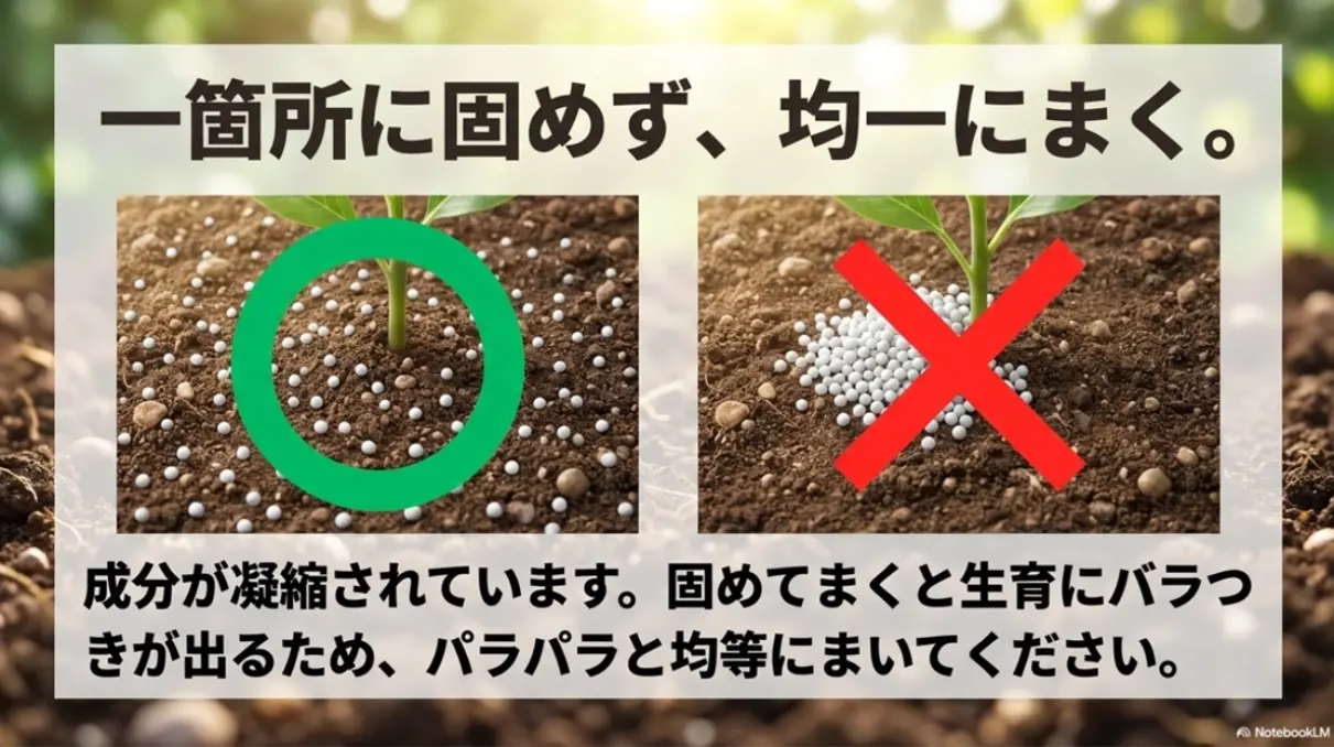 肥料の成分が凝縮されているため一箇所に固めず均一にパラパラとまく