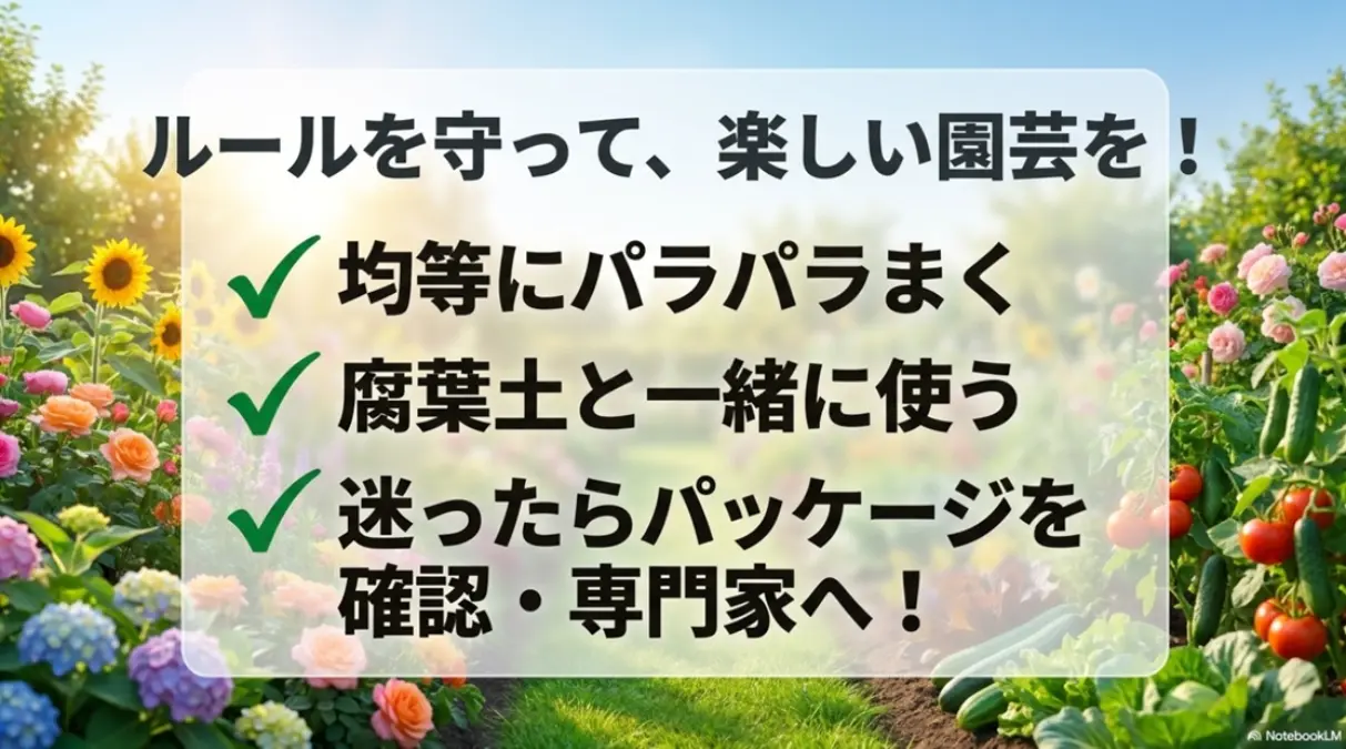 IB化成肥料のルール。均等にまく、腐葉土と一緒に使う、迷ったらパッケージを確認