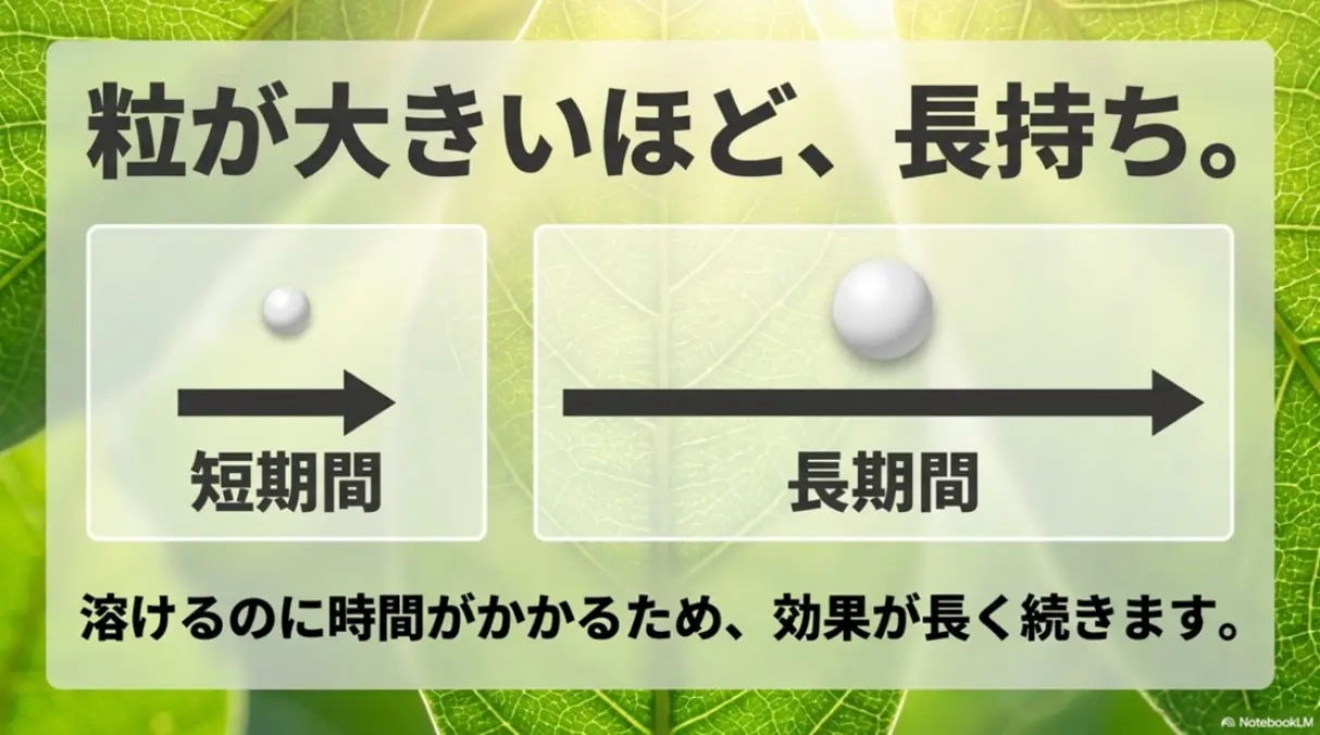 IB化成肥料は粒が大きいほど溶けるのに時間がかかり効果が長持ち