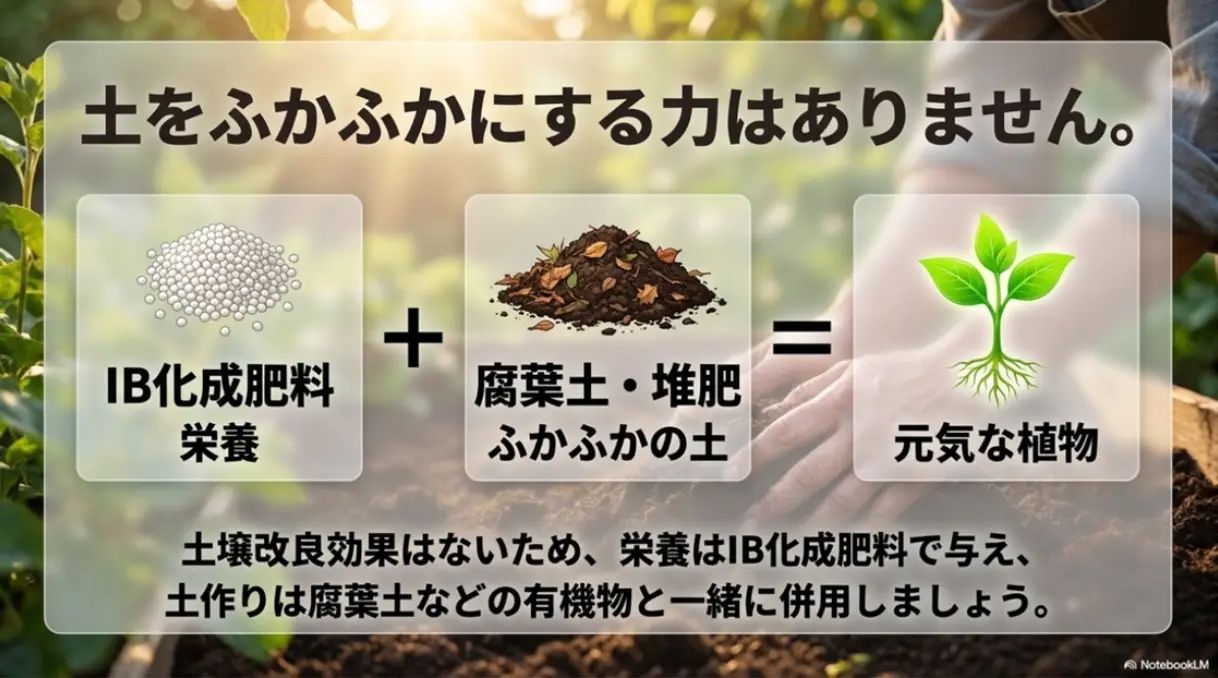 IB化成肥料には土をふかふかにする力はないため、腐葉土や堆肥と併用して土作りをする