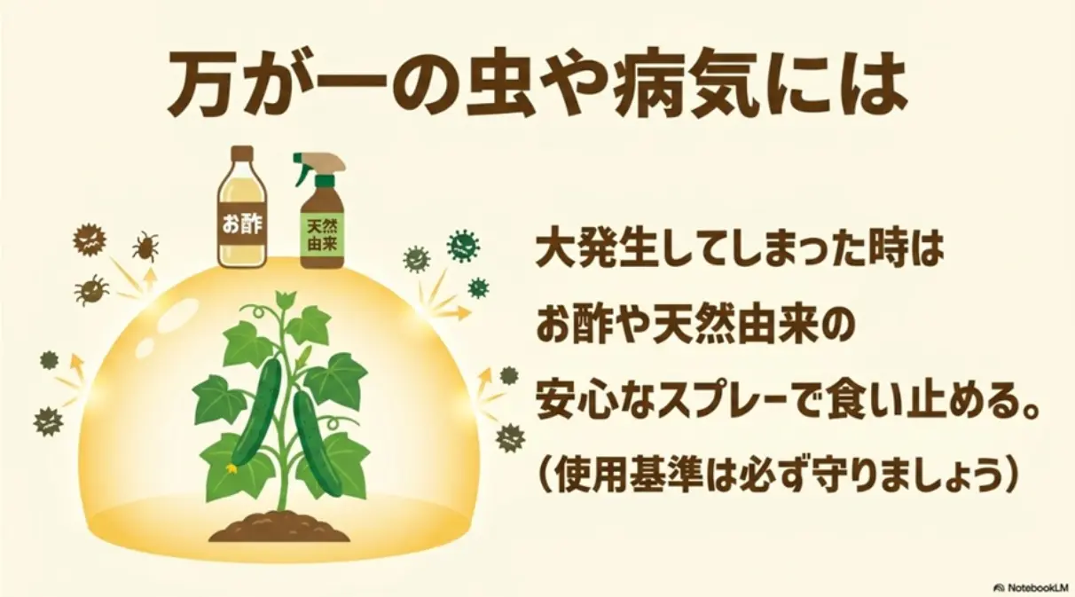 病気や虫が発生した際の緊急対処法をまとめたスライド