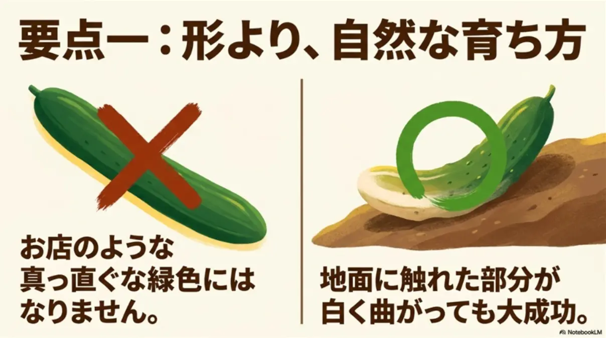 地這いキュウリは地面に触れて多少曲がっても大成功であるという図解